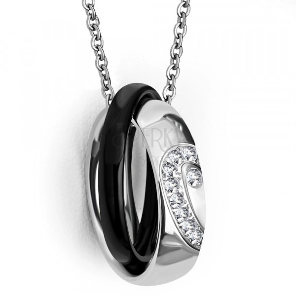 Stalowa przywieszka - obrączka z przepołowionym sercem i cyrkoniami, czarny pierścień