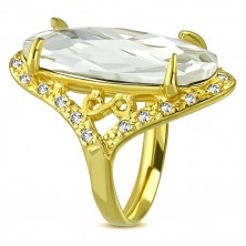 Masywny stalowy pierścionek o złotym kolorze - bezbarwna przycinana cyrkonia, symbol nieskonczoności