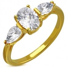 Stalowy pierścionek w złotym kolorze - bezbarwne błyszczące cyrkonie, cyrkoniowe łezki