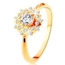 Złoty pierścionek 375 - błyszczące słońce ozdobione okrągłymi przezroczystymi cyrkoniami