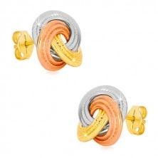 Kolczyki z kombinowanego 14K złota - trzykolorowy węzeł, szersze ząbkowane pierścienie