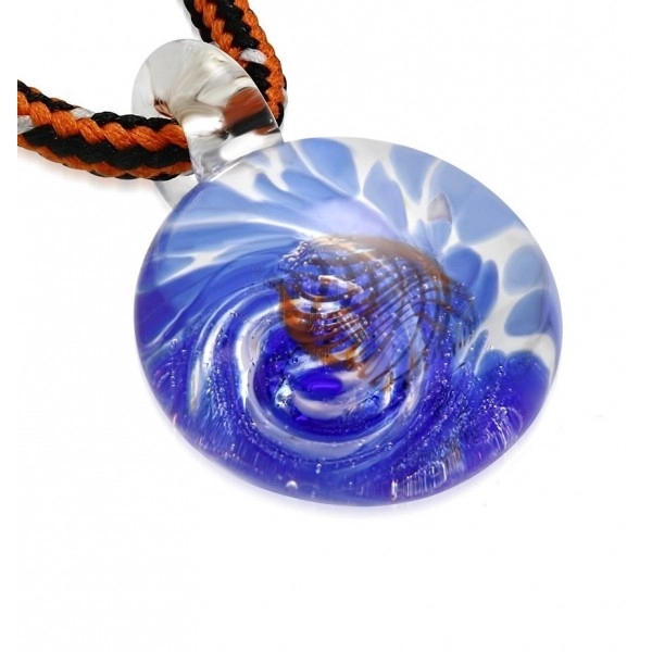Naszyjnik ze sznurkiem - farbione szkło z niebieską spiralą, pomarańczowe fale