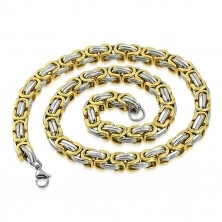Dwukolorowy łańcuszek ze stali chirurgicznej - kolor srebrno-złoty, bizantyjski wzór, 9 mm