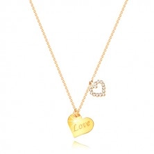 Naszyjnik z 9K żółtego złota - serce z napisem „Love”, zarys serca z cyrkoniami