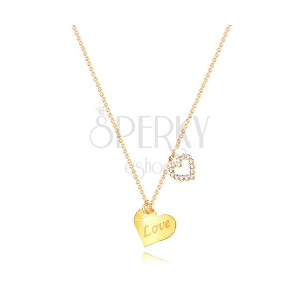 Naszyjnik z 9K żółtego złota - serce z napisem „Love”, zarys serca z cyrkoniami