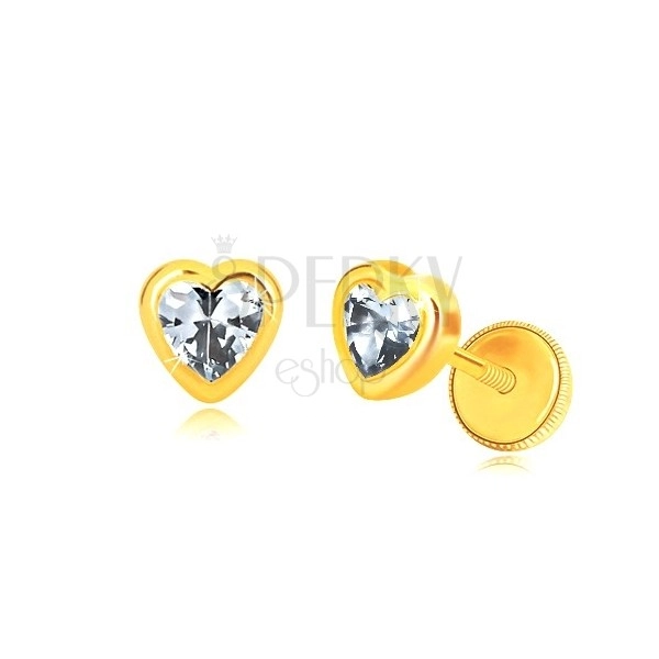 Kolczyki z żółtego złota 585 - zarys symetrycznego serca, cyrkonia w kształcie serca, wkrętka z gwintem