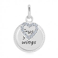 Srebrna 925 zawieszka - kółko z napisem „Trust your wings", kontur serca z cyrkoniami