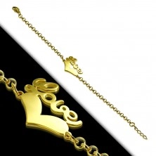 Stalowa bransoletka złotego koloru - symetryczne serce i napis „Love”, łańcuszek z okrągłych oczek