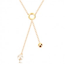 Złoty 9K naszyjnik - kółko, lustrzano lśniąca kuleczka i perła na łańcuszku