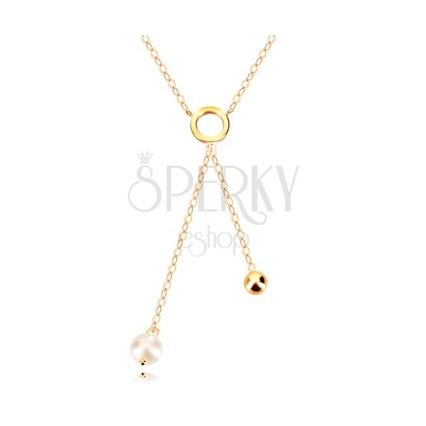 Złoty 9K naszyjnik - kółko, lustrzano lśniąca kuleczka i perła na łańcuszku