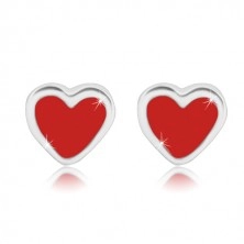 Srebrne kolczyki 925 - regularne serce z czerwoną emalią, sztyfty