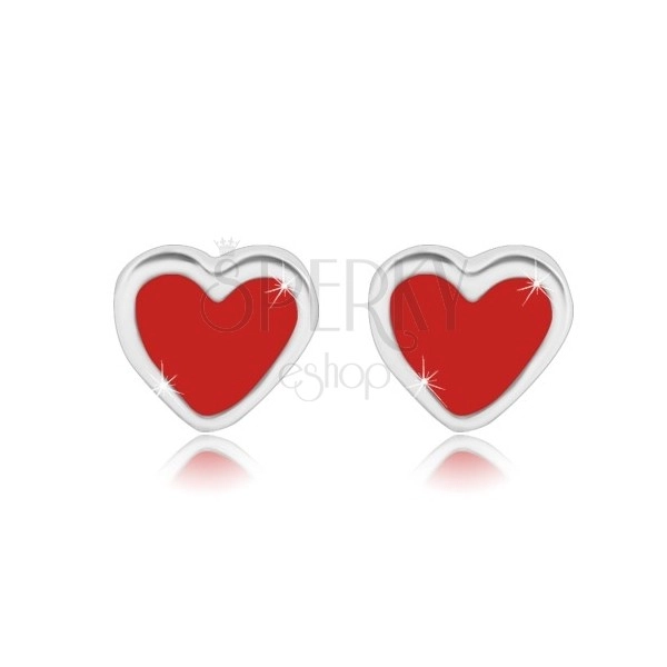 Srebrne kolczyki 925 - regularne serce z czerwoną emalią, sztyfty