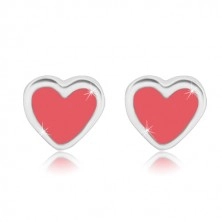 Kolczyki sztyfty - symetryczne serce z różową emalią, srebro 925