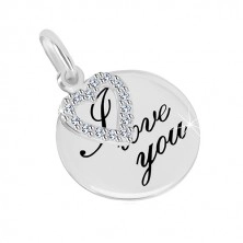 Zawieszka ze srebra 925 - błyszczący okrąg z napisem "I love you", zarys serca z cyrkoniami