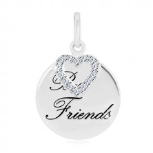Srebrny wisiorek 925 - błyszczący okrąg, napis "Best Friends", kontur serca z cyrkoniami