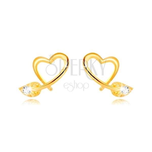 Kolczyki z żółtego 9K złota - kontur nieregularnego serca, liść z cyrkonią