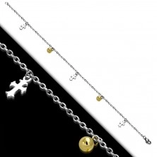 Stalowa bransoletka - łańcuszek z owalnych oczek, liliowe krzyże i kuleczki w złotym kolorze