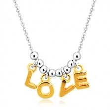 Naszyjnik ze srebra 925 - łańcuszek, litery „L-O-V-E” w złotym odcieniu i kulki