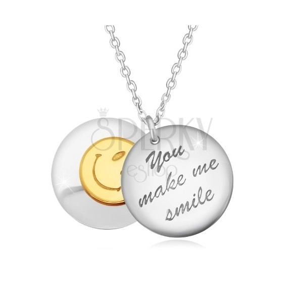 Srebrny 925 naszyjnik - dwa wypukłe koła, napis "You make me smile", buźka