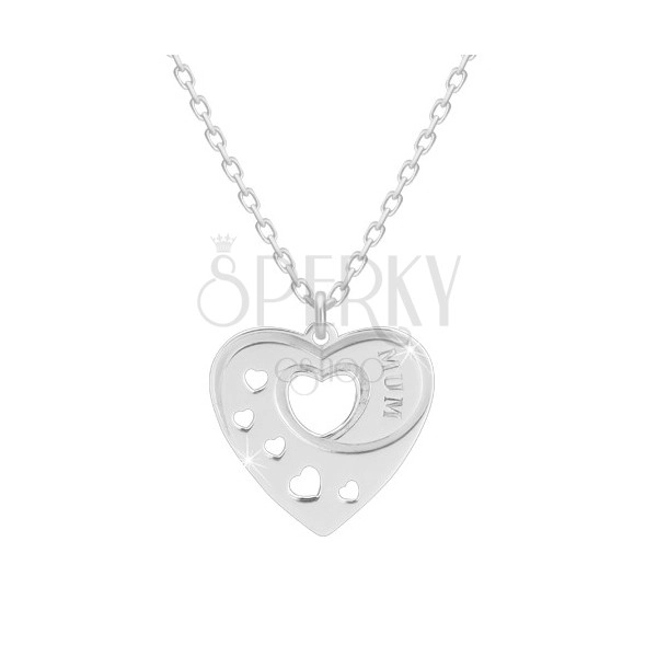 Srebrny 925 naszyjnik - regularne serce z wycięciem w kształcie serca, napis „MUM”