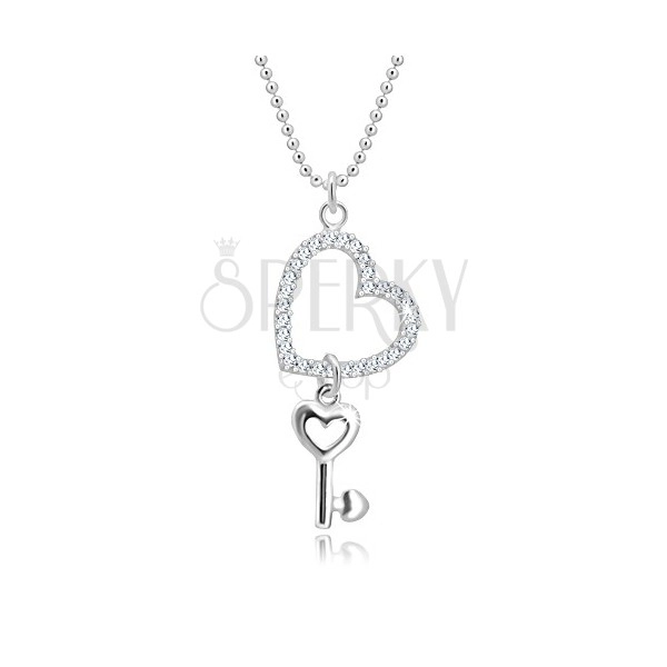 Naszyjnik ze srebra 925 - łańcuszek wojskowy, zarys serca z cyrkoniami, klucz w kształcie serca