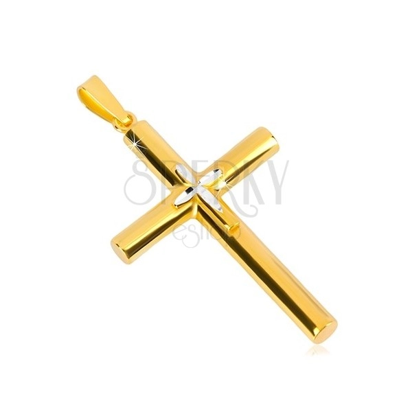 Srebrna przywieszka 925 - krzyż w kolorze złotym, mniejszy krzyżyk w środku, wycięcia w kształcie ziarnka