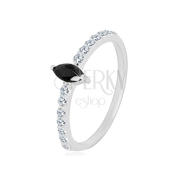 Srebrny 925 pierścionek - wąskie ramiona, cyrkonia w czarnym kolorze w kształcie ziarenka, czyste cyrkonie
