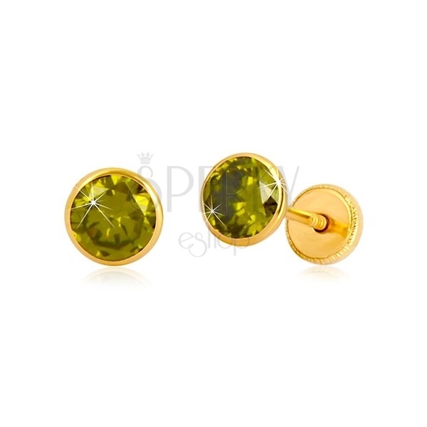 Złote kolczyki 585 - okrągła cyrkonia zielonego koloru,  wkrętka z gwintem, 5 mm