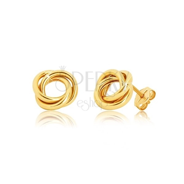 Kolczyki sztyfty z żółtego złota 375 - trzy błyszczące splecione pierścienie
