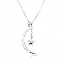 Diamentowy naszyjnik, srebro 925 - błyszczący półksiężyc i gwiazda z brylantem