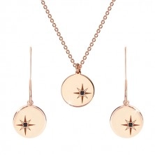 Srebrny komplet 925 różowo-złoty kolor - naszyjnik i kolczyki, koło z Gwiazdą Polarną, czarny diament