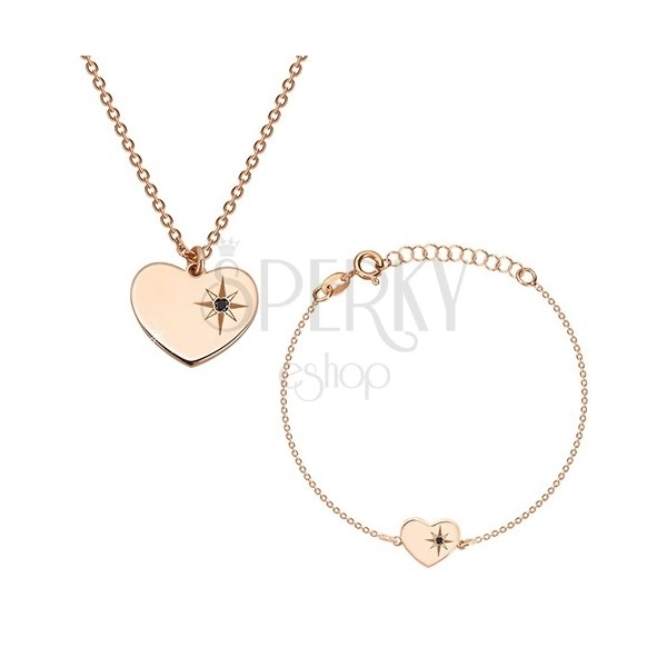 Srebrny 925 komplet różowo-złotego koloru - bransoletka i naszyjnik, serce z gwiazdą polarną i diamentem