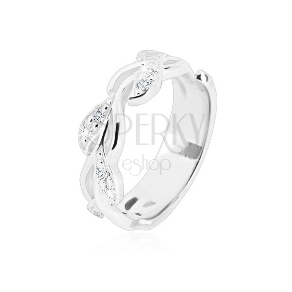 Srebrny pierścionek 925 - lśniąca łodyga z liśćmi i błyszczącymi cyrkoniami