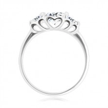 Srebrny 925 pierścionek - trzy okrągłe błyszczące cyrkonie, wycięcia w kształcie serca