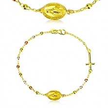 Bransoletka złotego koloru ze srebra 925 - trójkolorowe koraliki, medalik i krzyż