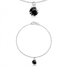 Srebrna bransoletka 925 - kotek w kłębku, czarna emalia, lśniący łańcuszek