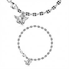 Srebrna bransoletka 925 - motyw anioła, błyszczące koniczyny i owale, karabińczyk