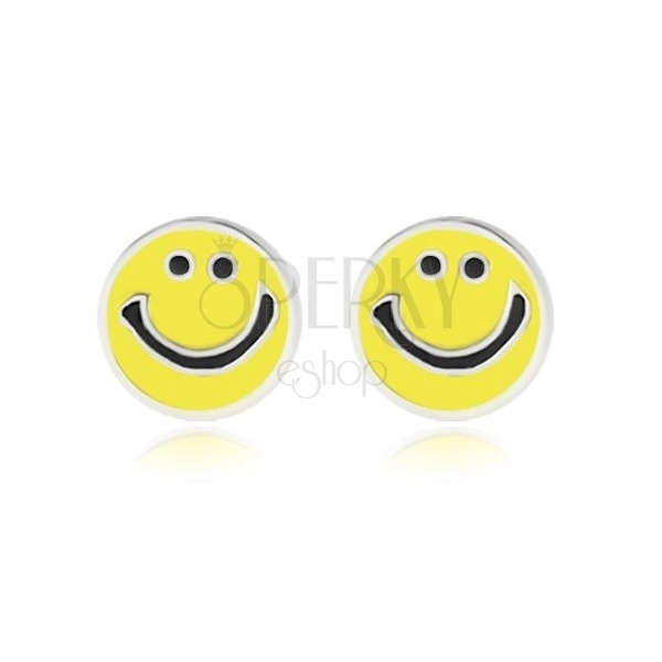 Srebrne kolczyki 925 - uśmiechnięta buźka ozdobiona żółtym szkliwem, sztyfty