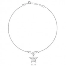 Srebrna bransoletka 925 na nogę - gwiazda z cyrkoniami, błyszczące kuleczki, kwadratowy łańcuszek