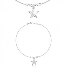 Srebrna bransoletka 925 na nogę - gwiazda z cyrkoniami, błyszczące kuleczki, kwadratowy łańcuszek