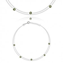 Srebrna bransoletka 925 na kostkę - podwójny łańcuszek, oliwkowo zielone piryty