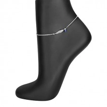 Srebrna bransoletka na nogę 925 - patynowane piórko, niebieska kuleczka, owalne oczka