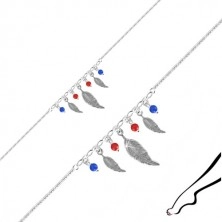 Bransoletka na nogę ze srebra 925 - trzy pióra, cztery kulki w kolorze czerwonym i niebieskim