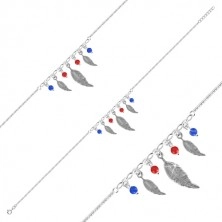 Bransoletka na nogę ze srebra 925 - trzy pióra, cztery kulki w kolorze czerwonym i niebieskim