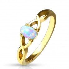 Stalowy pierścionek w złotym kolorze - syntetyczny opal z tęczowymi refleksami, splecione ramiona