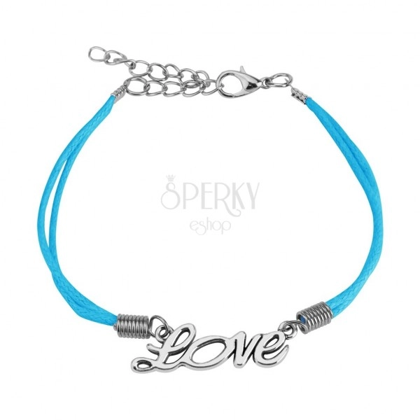 Jasnoniebieska sznurkowa bransoletka, ozdobny napis "Love" srebrnego koloru