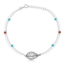 Bransoletka na kostkę ze srebra 925 - liść, podwójny łańcuszek, niebieskie i czerwone kuleczki