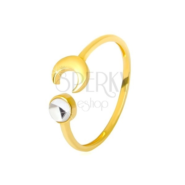 Złoty pierścionek 375 - błyszczący półksiężyc, przezroczysta cyrkonia w kształcie kaboszonu