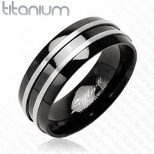 Czarny pierścionek z tytanu - dwa cienkie srebrne pasy