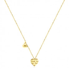 Naszyjnik wykonany ze złota 585 - dwa symetryczne serca z napisem „Love” i „Me”